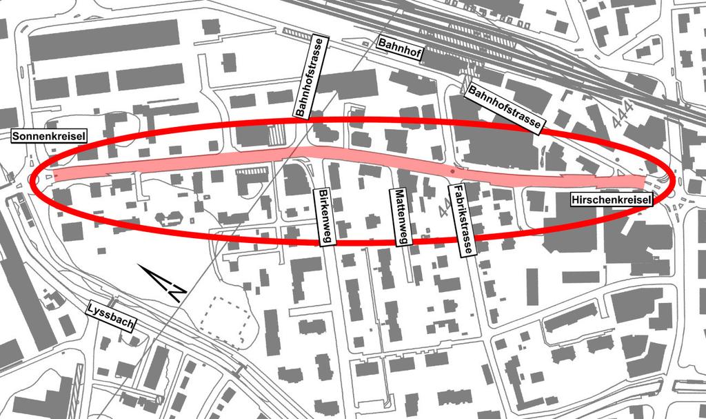 60.0429 Seite 7 von 24 BR_160530_Mitwirkung_2.doc 2. Projekt 2.1. Projektperimeter Der Perimeter umfasst die Kantonsstrasse ab Hirschenkreisel im Zentrum von Lyss bis zum Sonnenkreisel. Abb.