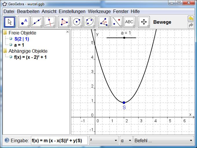 5.3 Quadratische Funktion und Graph - Parabel als Objekt Bemerkung: Die anhand der linearen Funktion gezeigten Unterschiede zwischen Funktionsgraph und Gerade gelten in gleicher Weise für den