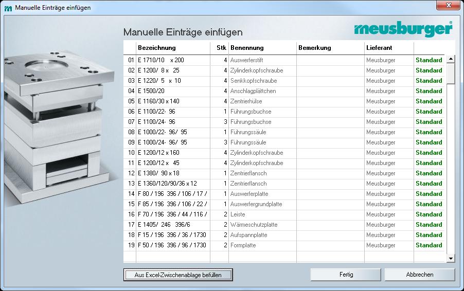 Alle AssemblyManager-Datensätze mit dem Eintrag Meusburger als Lieferant werden nun aufgelistet.