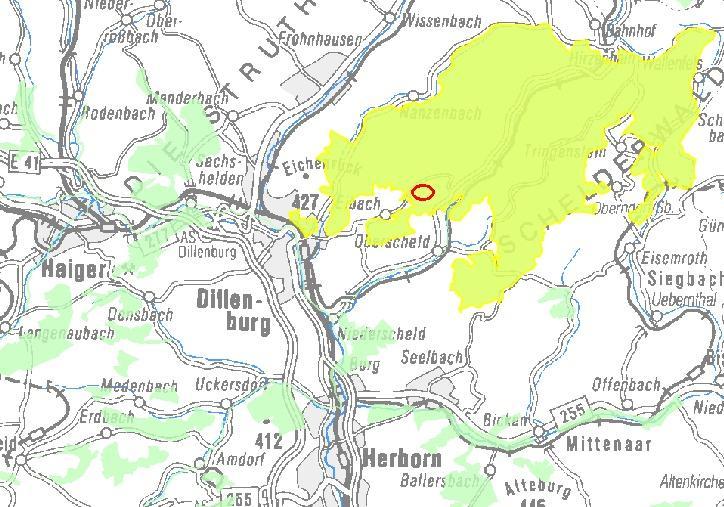 Abb. 1: Übersicht des FFH-Gebiets Schelder Wald (gelb markiert) (NATUREG); roter Kreis der Ort des Eingriffes; Maßstab1:100.000 2.