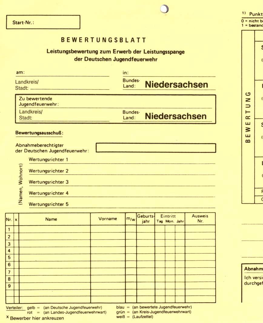 Bewertungsblatt: Das Bewertungsblatt zum Erwerb der Leistungsspange der Deutschen Jugendfeuerwehr ist vierfach selbstdurchschreibend.