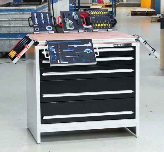 COF-Werkzeugschrank mit Buchenplatte Verschiedene Werkzeuge und Vorrichtungen sowie die Anforderungen im Betrieb verlangen eine hohe Anpassungsfähigkeit der Lagereinrichtung.