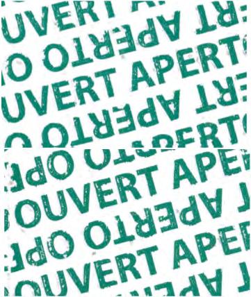ungeöffneten Siegelband in Abbildung 1 schimmert ein diagonaler Text APERTO OPENED GEÖFFNET OVERT schwach durch die oberste Schicht der grünen Bereiche der Folie.