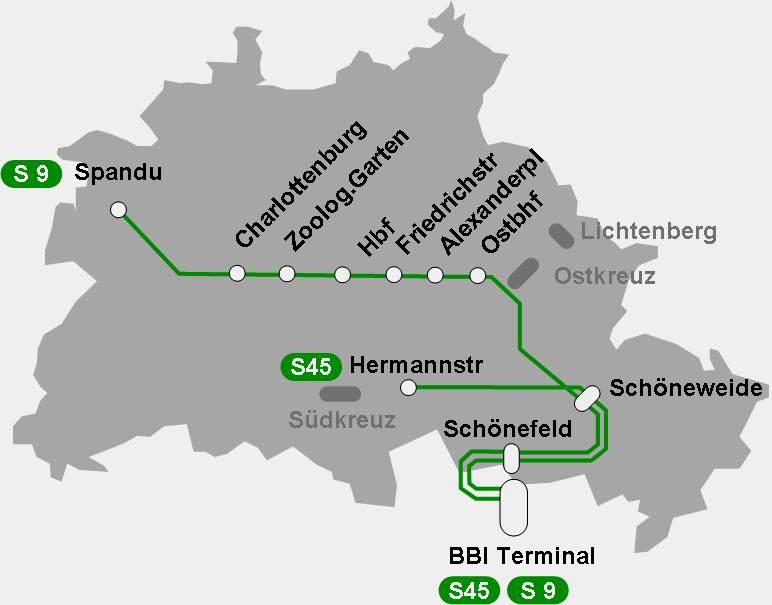 Die BBI-Anbindung aus dem Ostnetz Die Überlagerung der Züge durch den Nord-Süd-Tunnel und über die Stadtbahn zeigt, dass große Teile Berlins und zahlreiche Kommunen in Brandenburg eine direkte