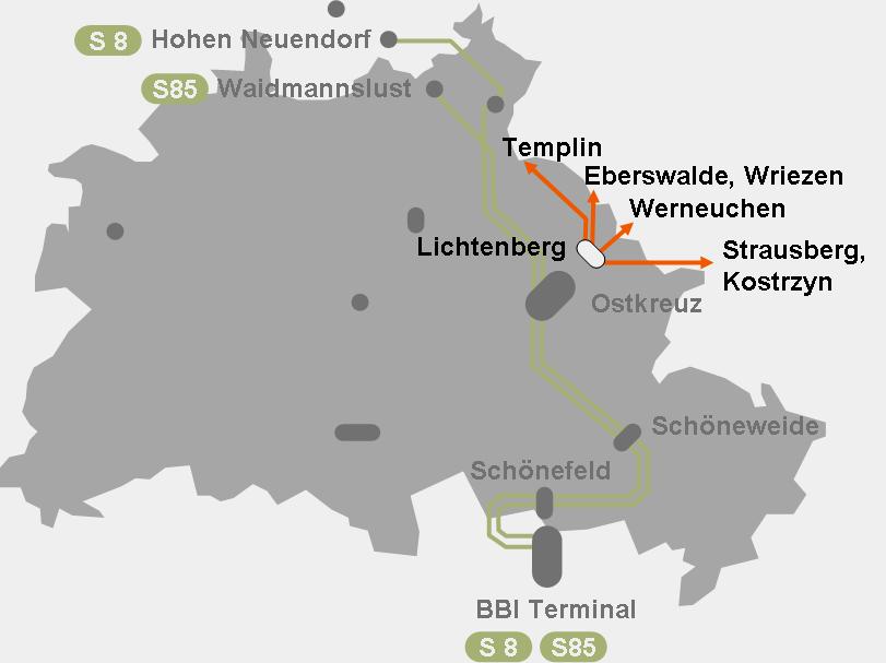 Die BBI-Anbindung aus dem Ostnetz Vier Regionalbahnlinien (mit Dieselzügen) enden heute in Lichtenberg. Sie erschließen im Stundentakt große Gebiete Brandenburgs im Norden und Osten von Berlin.
