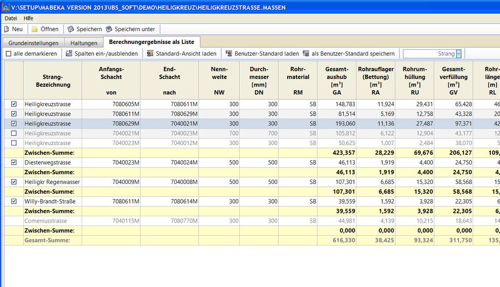 Strang-Bezeichnung Unter Strang-Bezeichnung in der Registerkarte Berechnungsergebnisse als Liste werden die in der Registerkarte Grundeinstellungen ausgewählten Teil- Stränge angezeigt.