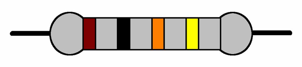 Farbcode für Kohleschichtwiderstände Schwarz= 0, braun= 1, rot= 2, orange= 3, gelb= 4, grün= 5, blau= 6, violett= 7, grau= 8, weiß= 9. Die ersten beiden Ringe bedeuten Zahlen; Der 3.