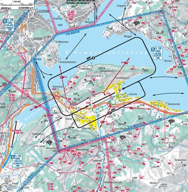 1.1.3 Sichtanflugkarte Buochs Abbildung 2: Dieser Ausschnitt aus der Sichtanflugkarte zeigt die beiden Platzrunden des Flugplatzes Buochs.