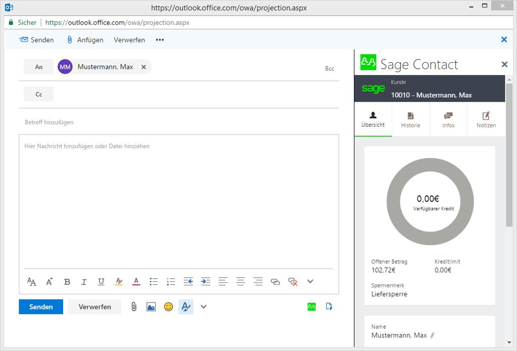 4.0 Sage Contact Add-In in Office 365 Rufen Sie das Sage Contact Add-In auf, wird ihnen dieses im rechten Bildschirmbereich dargestellt.