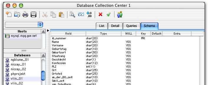Name des Servers Liste der Datenban- Tabellen in der gewählten Datenbank Attribute in der Tabelle Hier kann man