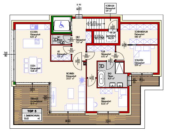 2.Dachgeschoss Top 5 Küche/Wohnen/Essen 43,7 m² Bad/WC 8,29/2,24 m² Abstellraum 3,51 m² Diele/Flur 7,67/6,92 m² Schlafen 11,99 m² Schrankraum 8,1 m² Kinderzimmer 12, m² Terrasse 36,11 m²