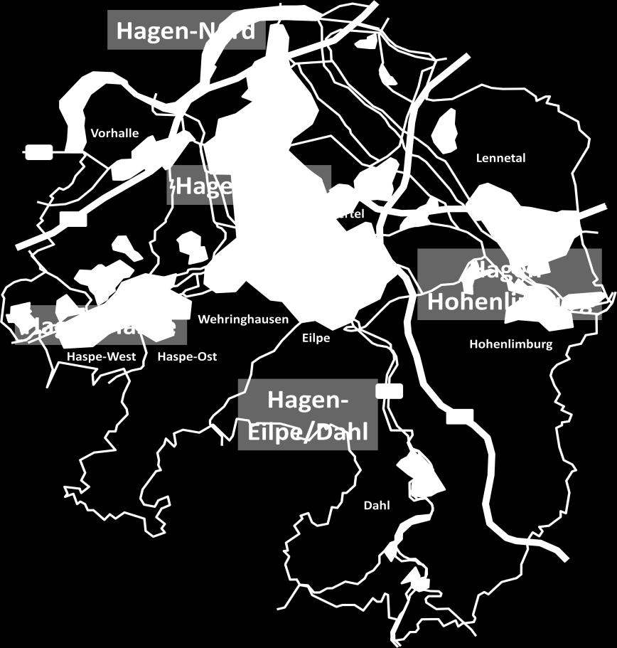 4.6 Einzelhandelsstrukturen in den Hagener Stadtbezirken Abb. 24: Teilräumliche Gliederung der Stadt Hagen Das Hagener Stadtgebiet ist in die statistischen Bezirke Hagen- Nord (37.