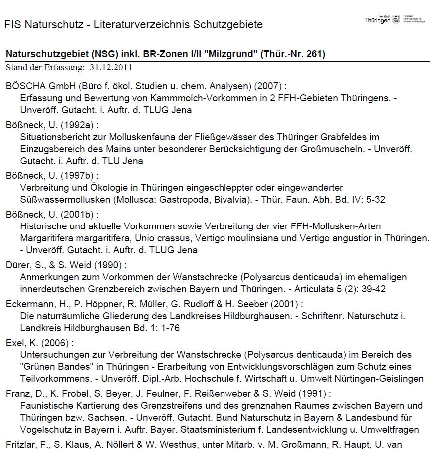 Schutzgebiete Literaturverzeichnis Schutzgebiete, Auszug (z.zt. Stand 31.12.
