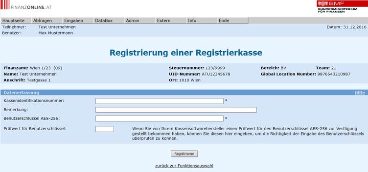 Anmeldung Registrierkasse 25 Signatur auf jedem Beleg Kassenidentifikationsnummer