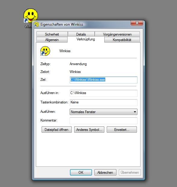 Hier im Kontextmenü wählen Sie den untersten Eintrag "Eigenschaften". In dem Eintrag "Ziel:" sehen Sie, wo Winkiss auf Ihrem Rechner installiert ist.