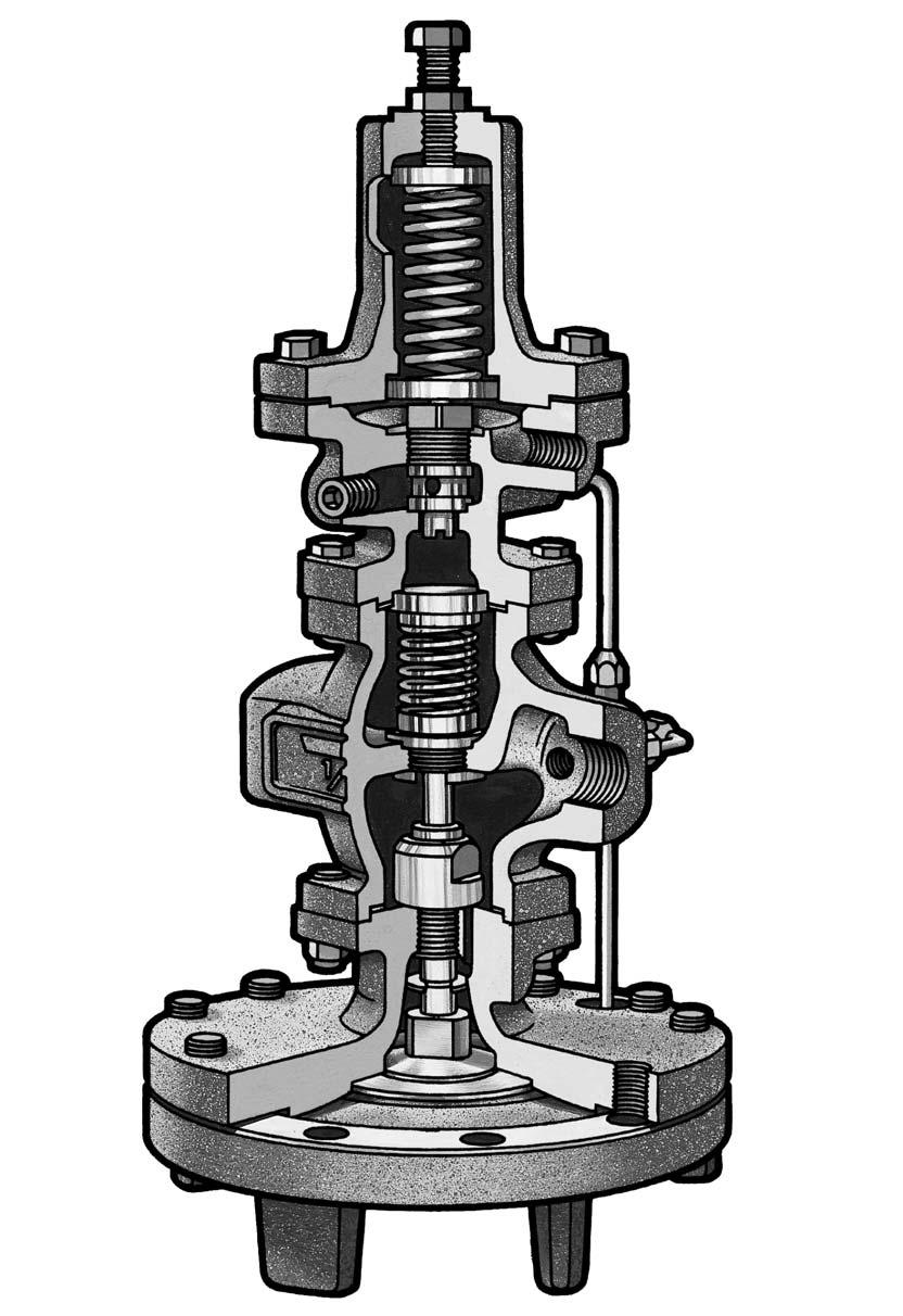 Externe Regelung Für Dampfbetrieb Dieser Typ von Druckminderventil beinhaltet zwei Ventile in einer Einheit ein Vorsteuerventil und ein Hauptventil.