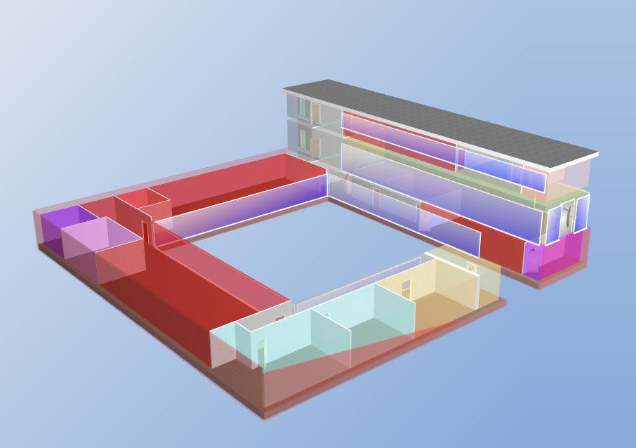 2. Energieeffizienter Neubau (WINORA) Grafische Darstellung der Gebäudehülle im 3D-Modell der Energieberater-Software auch mit Innenräume (Zonierung) 5 Plus-Variante Technische Beschreibung