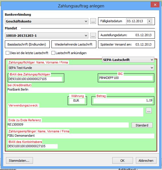 Es folgt nun eine neue Maske zur Abfrage der Lastschrift. Hier können die Daten geprüft und ggf. angepasst werden.