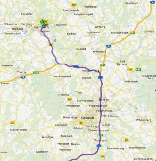 Am Autobahnkreuz 40a-Bayreuth/Kulmbach rechts halten und den Schildern A70 in Richtung Kronach/Bamberg/Kulmbach folgen 9,6 km 3.