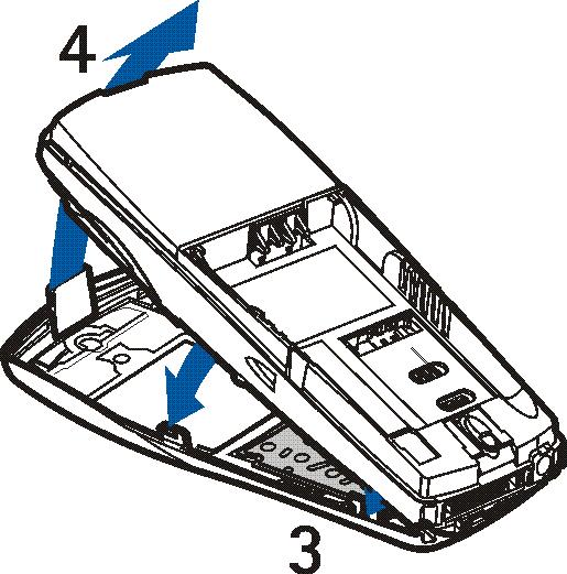 4. Um das Cover der Vorderseite einzusetzen, führen Sie zunächst die Verriegelungszapfen unten am Cover in die entsprechenden Löcher (3) auf dem Telefon ein und drücken anschließend den