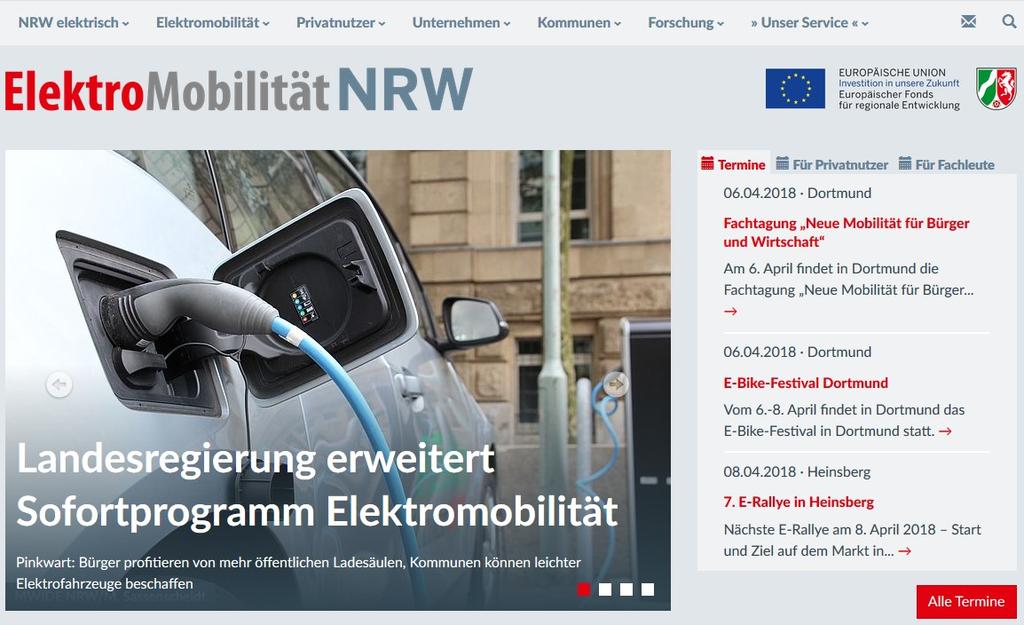 Internetauftritt der Dachmarke www.elektromobilitaet.nrw.de Fachinformationen zu Elektromobilität Zielgruppenspezifische Informationen zu Förderungen Unter Unser Service z.