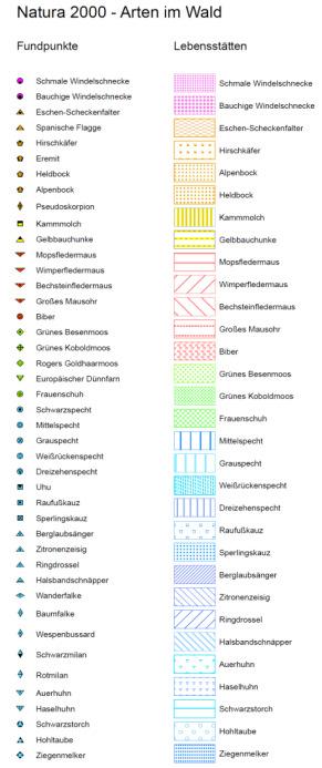 Darstellung waldrelevanter Natura 2000-Arten in InFoGIS (43 Arten): Bodenbewohnende Arten Windelschnecken, Eschen-Scheckenfalter, Spanische Flagge, Gelbbauchunke, Pseudoskorpion, Kammmolch etc.