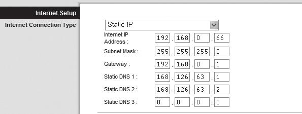 Geben Sie die <Internet IP Address>, <Subnet Mask> und <Gateway> ein, die Ihnen von Ihrem ISP