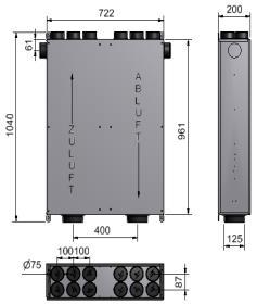 VAV Schalldämm- Verteilerboxen KL-Box KL-Box 125-2-75-14 Volumenstromregelbox KL-Box 125-2-75-14 (zum Patent angemeldet) mit integrierter Schalldämmeinheit und Luftverteiler für Zu- und Abluft,