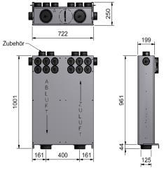 Haltefunktion für 75mm Lüftungsschlauch, Zuluft DN125 Eingang und 6 oder 7 DN75 Ausgang, Abluft 6 oder 7 DN75 Eingang und DN125 Ausgang, integrierter VOC Luftqualitätssensor (Zubehör), integrierte