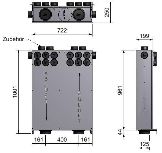 KL-Box 125-2-75-14-90-R (VAV Schalldämm- Verteilerbox 2 x DN125 und 12 oder 14 x DN75) Volumenstromregelbox KL-Box 125-2-75-14-90-R (patentrechtlich geschützt) mit integrierter Schalldämmeinheit und