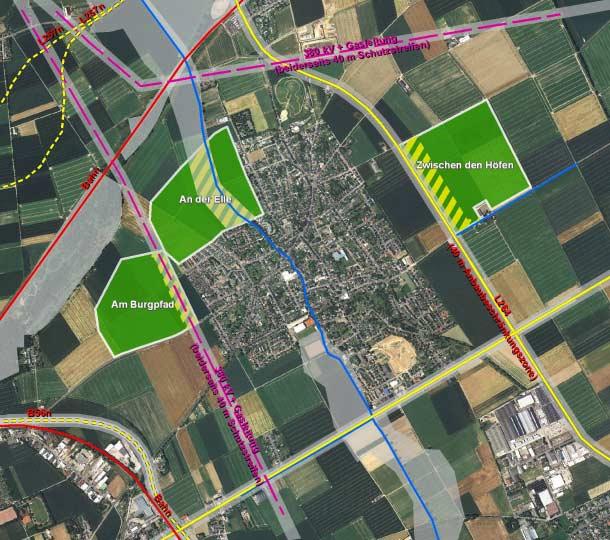 Am Burgpfad (West) An der Elle (Nord) Zwischen den Höfen (Nordost) e B56, L264, B264 Geplante