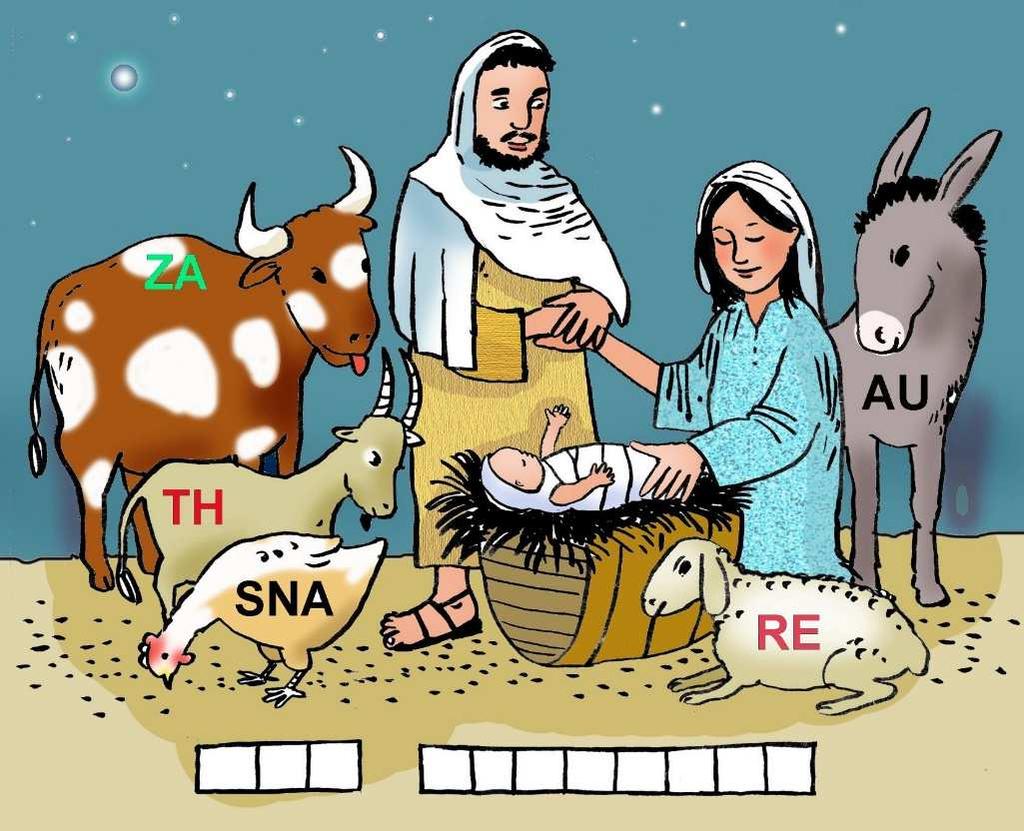 K I N D E R S E I T E N Auf dem Bild sieht man die Darstellung der Weihnachtsgeschichte. Das neugeborene Kind liegt in einer einfachen Futterkrippe im Stall mit vielen Tieren.