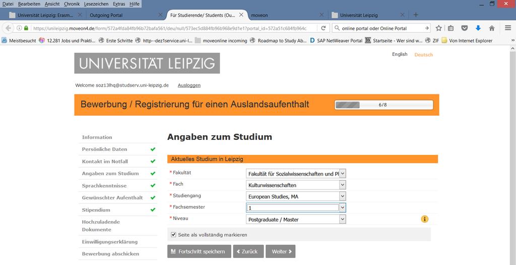 Praktische Hinweise zum Ausfüllen des Online-Formulars Sie bewerben sich für einen Austauschplatz der Universität Leipzig außerhalb von Erasmus+103 (Europa).