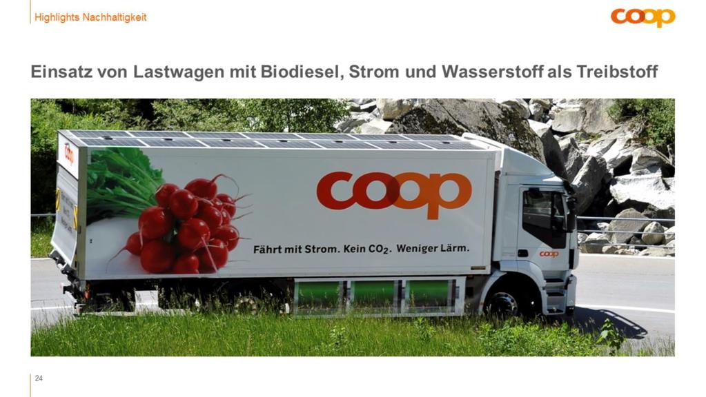 Coop betankt ihre Lastwagen bis zu 100% mit Biodiesel. Durch die neue, eigene Lastwagen-Tankstelle auf dem Gelände, werden nun auch die Lastwagen in Schafisheim mit Biodiesel betankt.