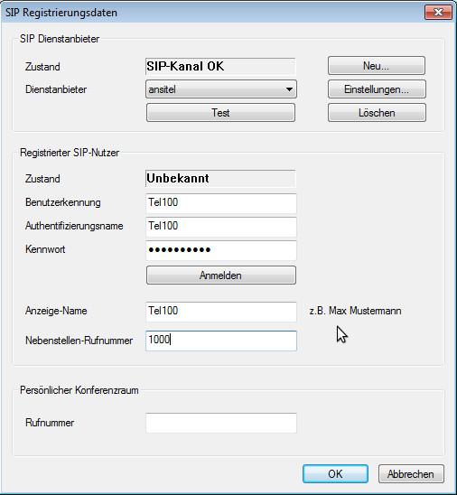 Im folgenden Fenster können Sie die Verbindung zur ansitel Telefonanlage