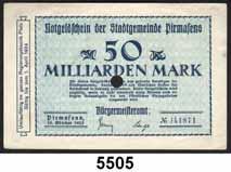 und 2 Goldmark o.d. (gültig bis 30.11.1923) LOT 5 Scheine jeweils mit Perforation "ER".