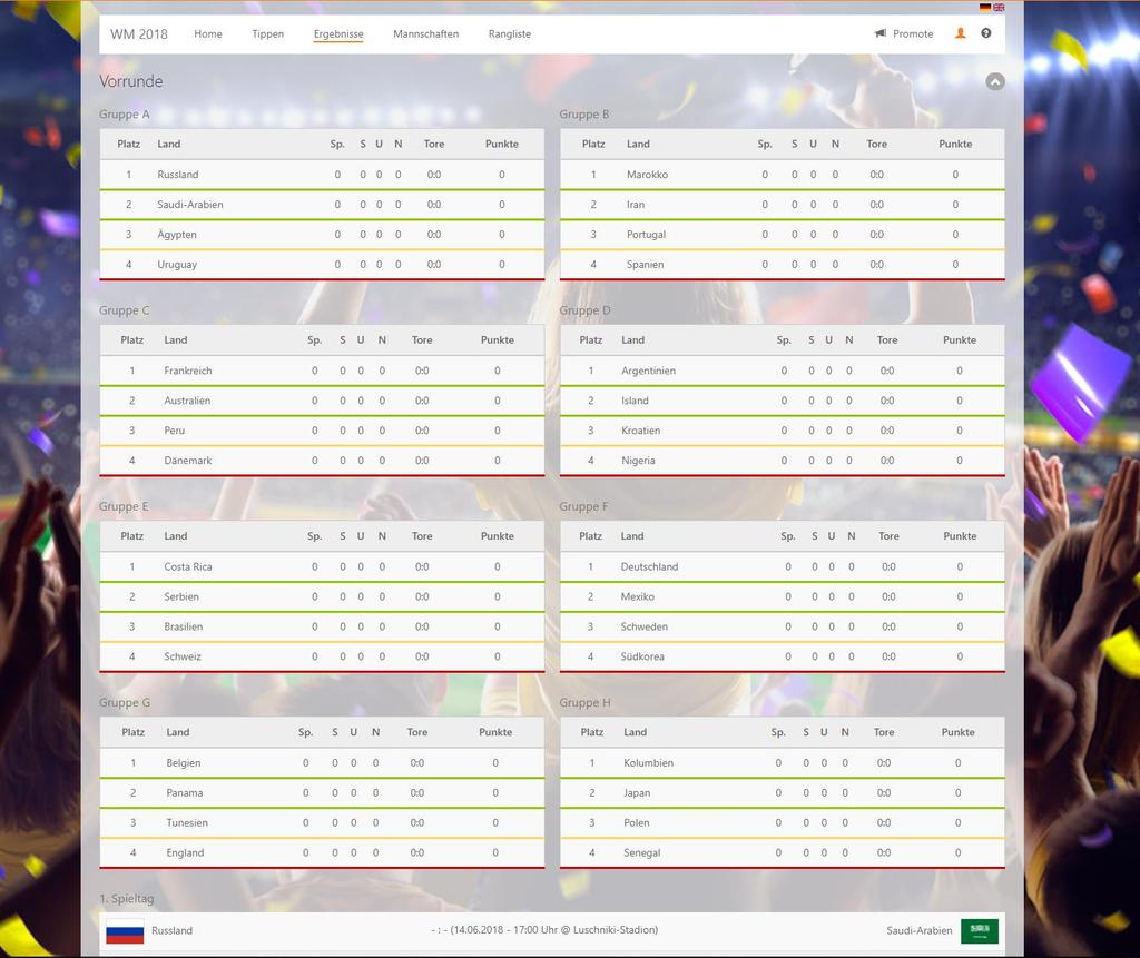 Ergebnisse Der Punkt Ergebnisse zeigt Ihnen die aktuellen Tabellen mit Platzierung der jeweiligen Mannschaft, sowie die Spielergebnisse nach Gruppe geordnet.