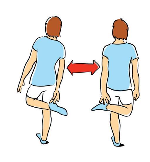 Überkreuzen Linke Ferse zur rechten Hand und rechte Ferse zur linken Hand Bringe hinter deinem Rücken abwechselnd die linke Hand mit dem rechten Fuß und den rechten Fuß mit der linken Hand auf