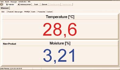& Datenexport grafische Anzeige von Wassergehalt [%] und Temperatur [ C] Einstellung von Anzeigeparametern