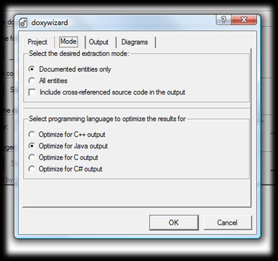11 Abbildung 8 Der doxywizard, Registerkarte Mode (Screenshot) Auf der folgenden Registerkarte Mode kann festgelegt werden, für welche Art von Code die Dokumentation optimiert werden soll.