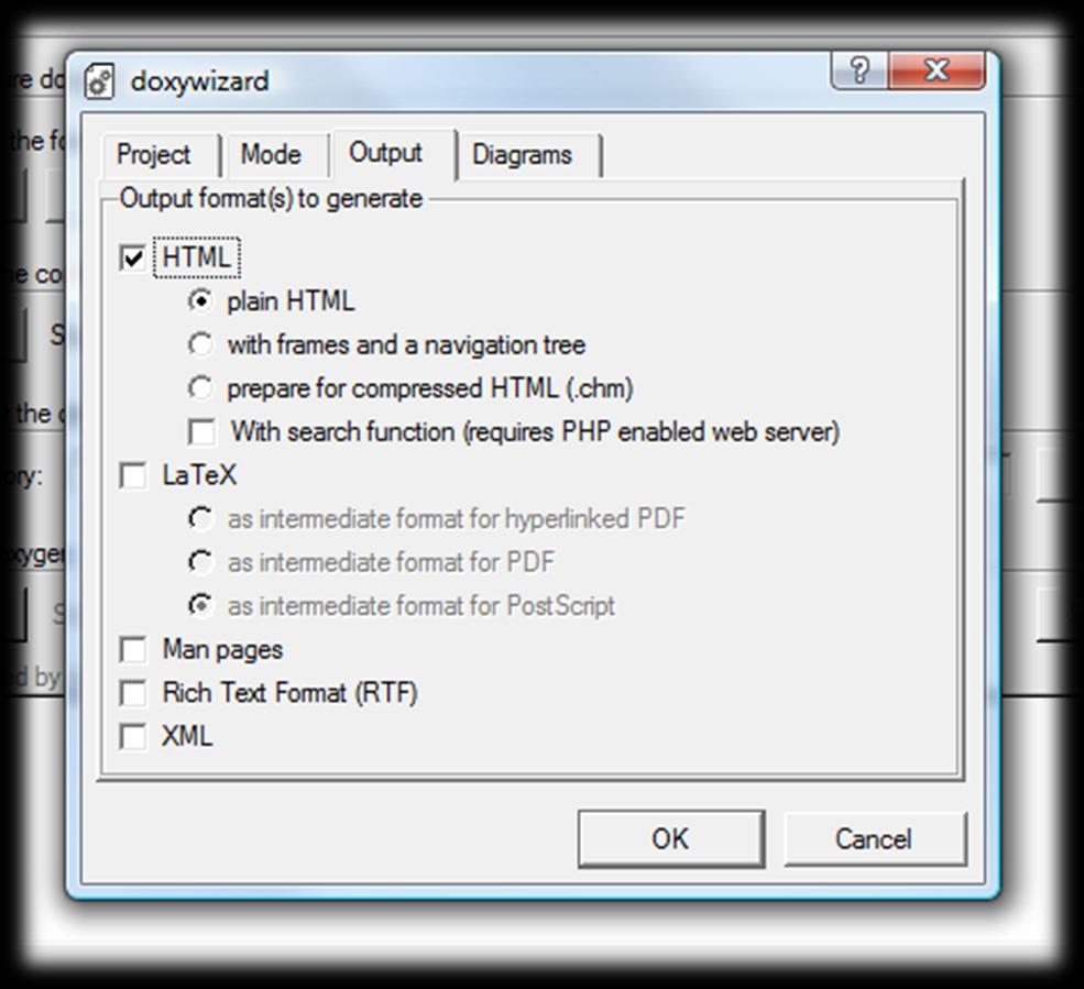 12 Abbildung 9 Der doxywizard, Registerkarte Output (Screenshot) In der Registerkarte Output kann angegeben werden, in welcher Form die Dokumentation erstellt werden soll.