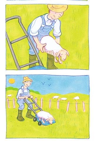 Er holte sein Werkzeug und reparierte den defekten Mäher. Er stellte das Schaf in seinen Garten. Er stellte das Schaf behutsam auf den defekten Rasenmäher.