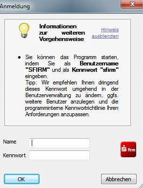 Für die Anmeldung in SFIRM, geben Sie bitte folgende Daten ein: Name: SFIRM Kennwort: sfirm Drücken Sie anschließend auf OK. Aktivieren Sie im nächsten Fenster Ihren Übertragungsweg.