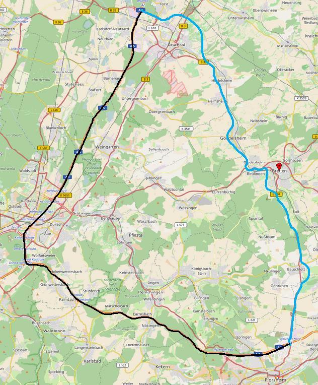 45,4 km 34,8 km Route A5 - A8: - staugeplagt - steigungsreich - permanent Baustellen Route B 35 B294: - künftig ortsdurchfahrtsfrei - steigungsarm -
