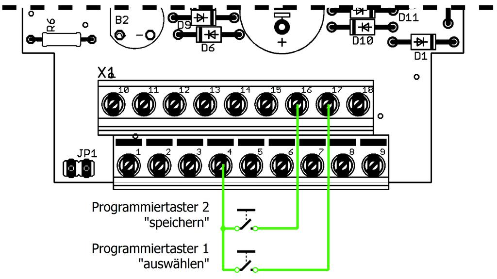 Programmierschritt 3: Einstellungen speichern Nachdem Sie Phasenlängen für einen Halt an den Potis eingestellt haben, verbinden Sie den Programmierkontakt "Speichern" (16) einmal kurz mit Masse (4).