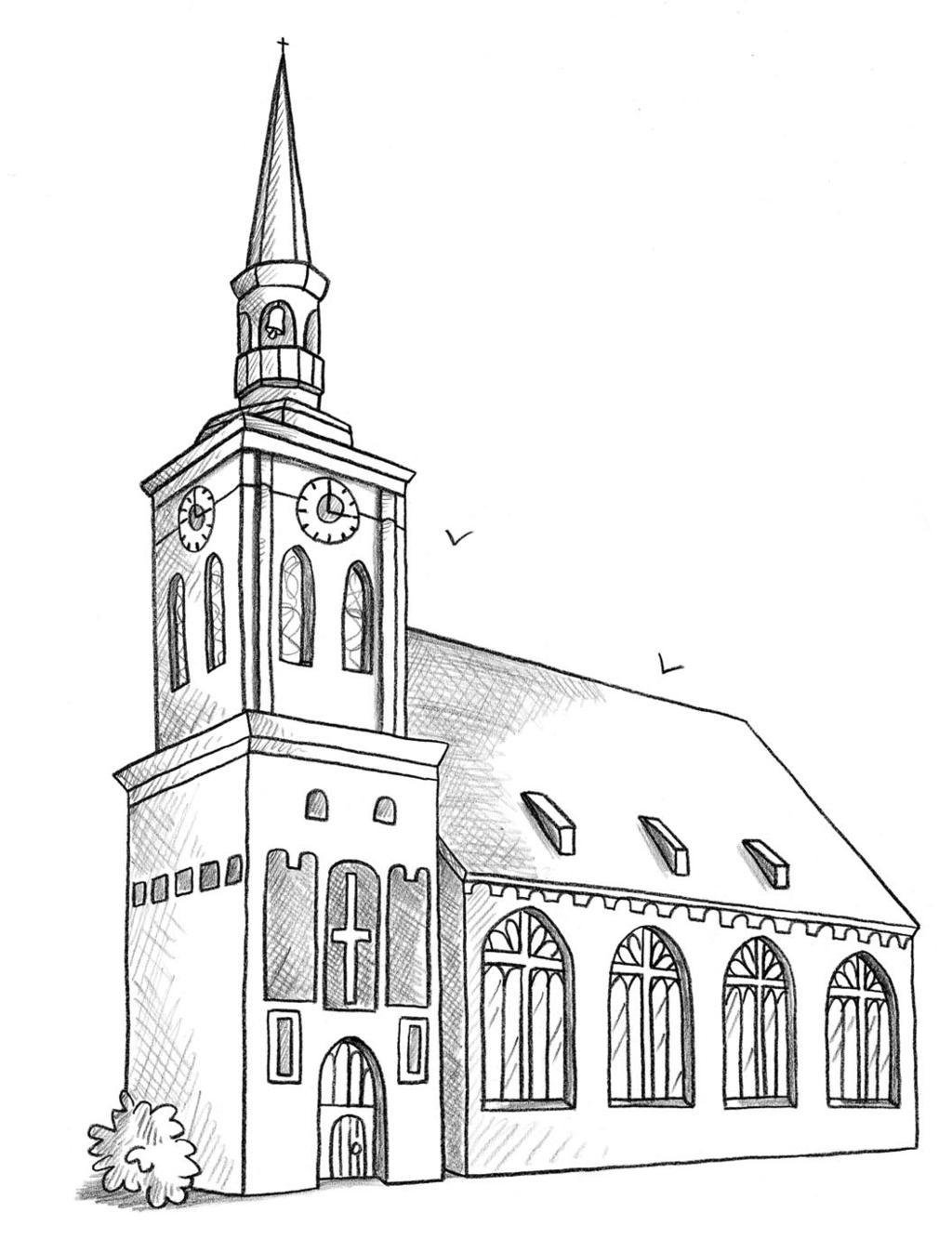 Äußere Merkmale einer Kirche Arbeitsauftrag Schau dir das Kirchenbild genau an. Schreibe rund um die Kirche, welche äußeren Merkmale eine Kirche hat, zum Beispiel: Kirchturm.