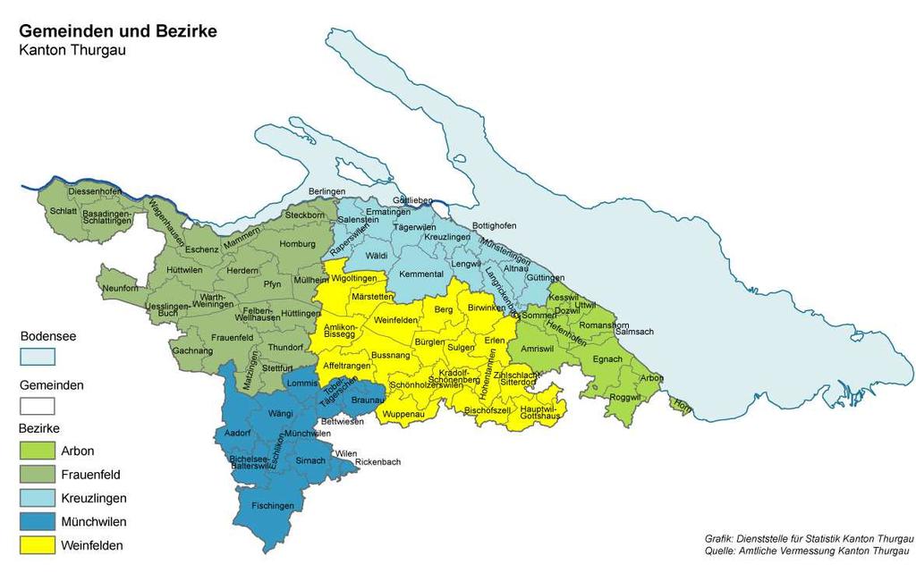 Geographische Abgrenzung Die Karte zeigt die Grenzen des Kantons Thurgau und des Bezirks Kreuzlingen. Das Kanton Thurgau umfasst die Bezirke Arbon, Frauenfeld, Kreuzlingen, Münchwilen und Weinfelden.