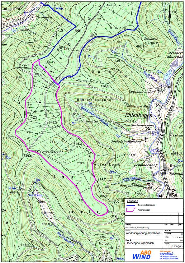 Standortplanung Vorschlag und Abgrenzung (magenta) einer Planungsfläche Bis zu 6 WEA in einem Flächenpool aus privatem und kommunalem Eigentum realisierbar Möglichst