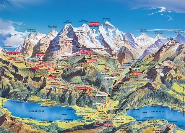Alpenlandschaft. Die imposante, weltbekannte und eisgekrönte Bergkulisse Wetterhorn, Schreckhorn, Eiger, Mönch und Jungfrau sind für Grindelwald das Bühnenbild.