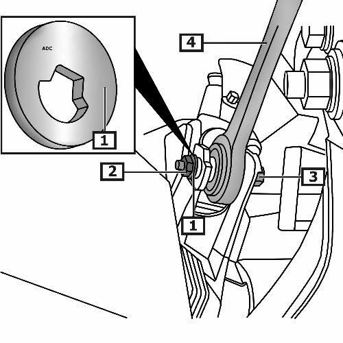 Einbau Querlenker oben vorne Exzenterschraube(n) : Markierung(en) beachten. (3) (siehe Abbildung 7) Schraube(n) der Hinterachse erst festziehen wenn sich das Fahrzeug in Normallage befindet.
